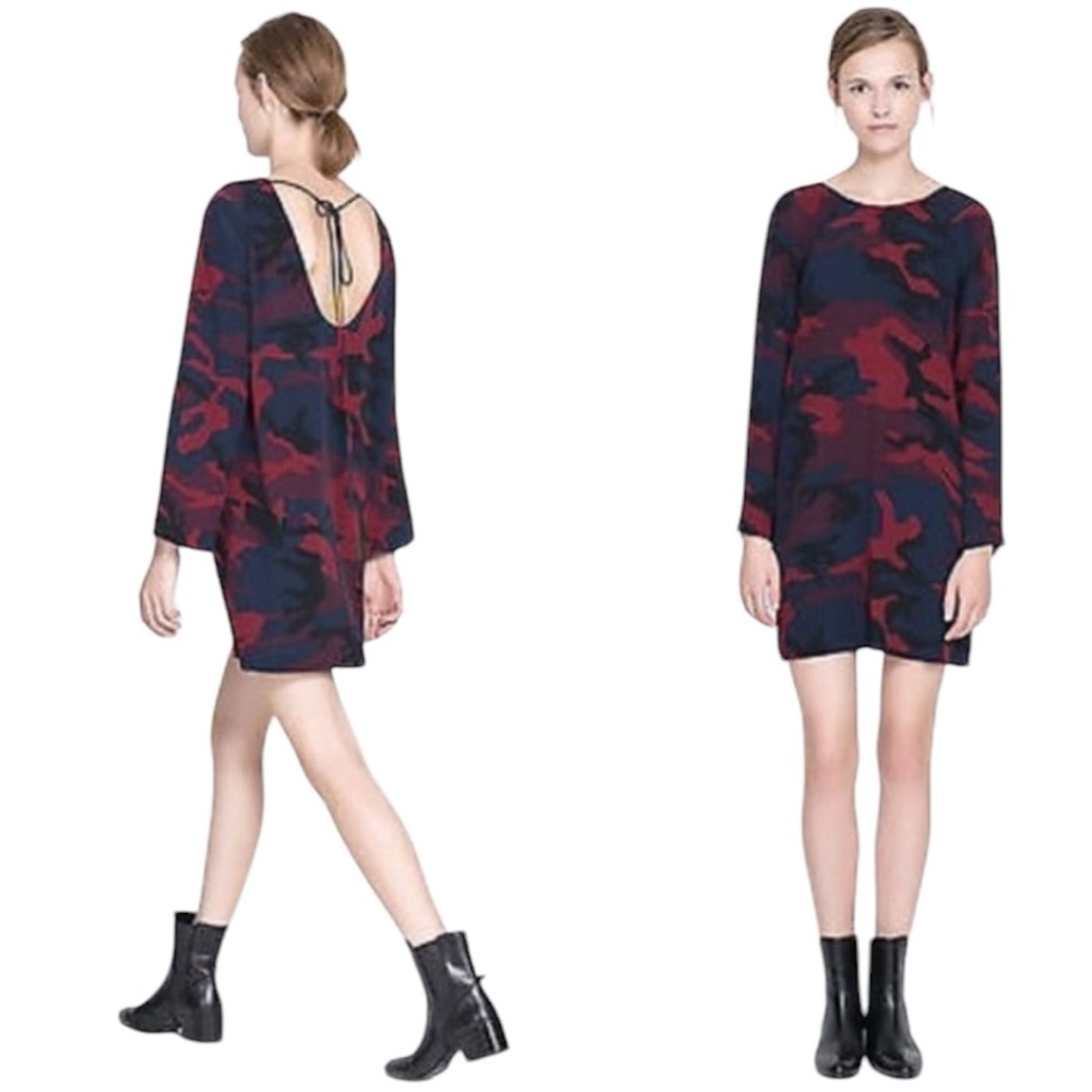 Zara Camo Print Long Sleeve Mini Dress NWT